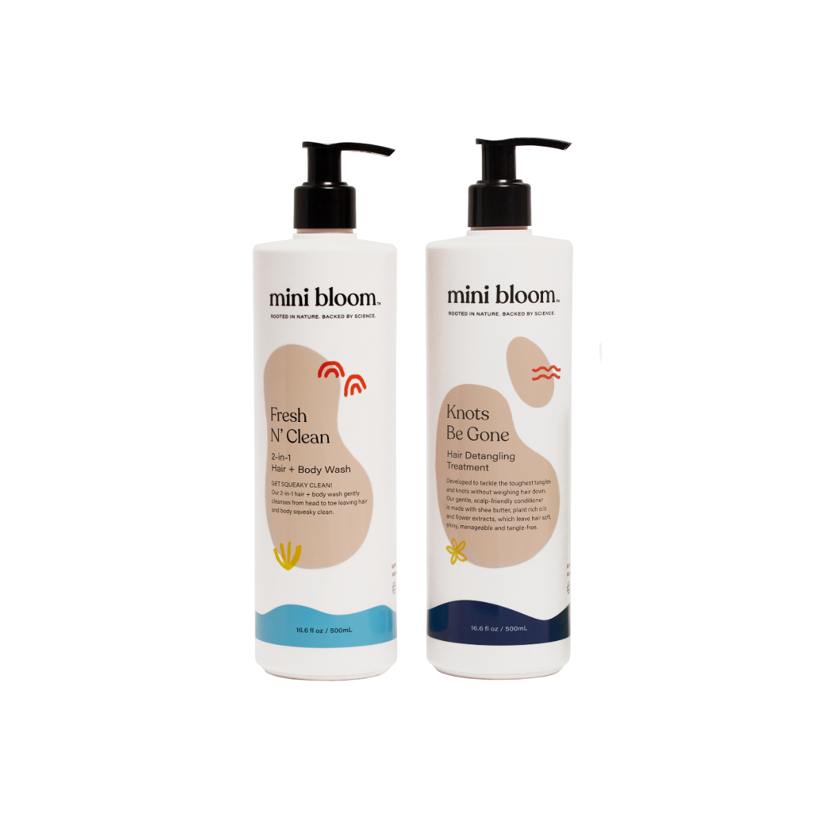 Mini Bloom displays its Fresh N' Clean hair and body wash and Knots Be Gone detangling treatment in white bottles with black pumps.

