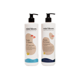 Mini Bloom displays its Fresh N' Clean hair and body wash and Knots Be Gone detangling treatment in white bottles with black pumps.
