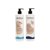 Mini Bloom displays its Fresh N' Clean hair and body wash and Knots Be Gone detangling treatment in white bottles with black pumps.
