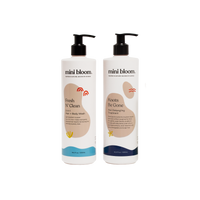Mini Bloom displays its Fresh N' Clean hair and body wash and Knots Be Gone detangling treatment in white bottles with black pumps.
