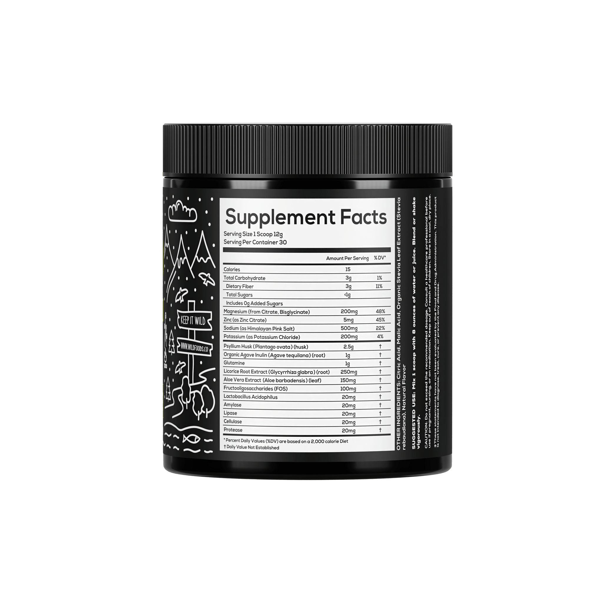 Close-up of a black supplement container displaying nutrition facts with key ingredients like magnesium, zinc, and Himalayan pink salt.
