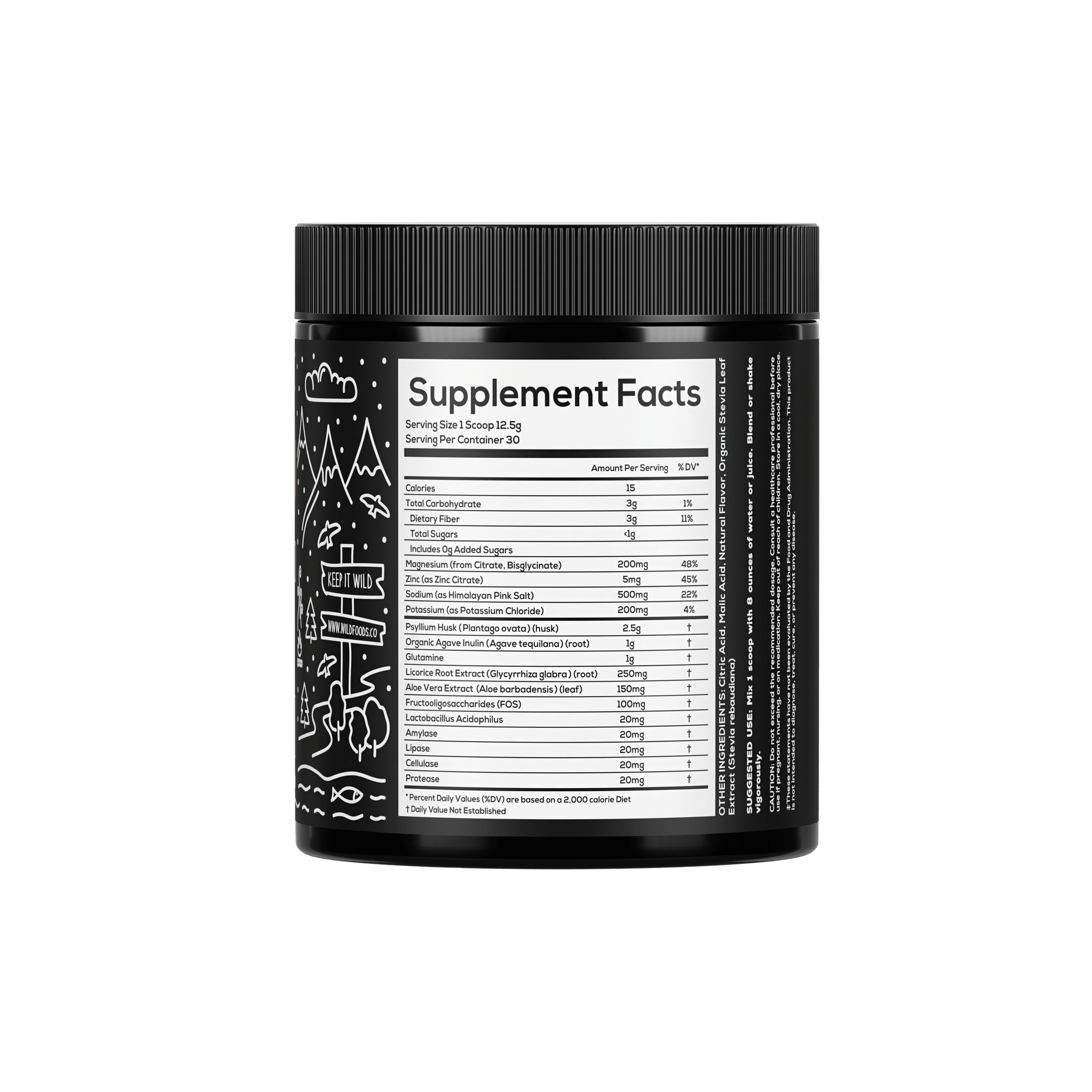 View shows the supplement facts label on a black container of Wild Foods Fiber, listing ingredients like psyllium husk and agave inulin.