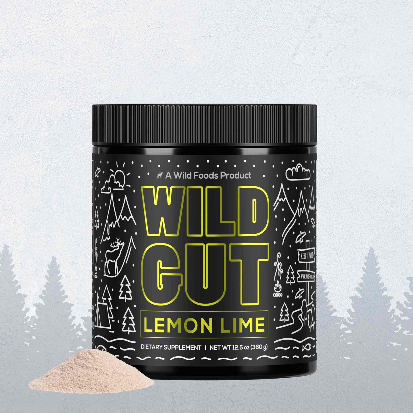 Showcases Wild Cut Lemon Lime dietary supplement powder in a black jar against a snowy backdrop.