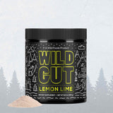 Showcases Wild Cut Lemon Lime dietary supplement powder in a black jar against a snowy backdrop.