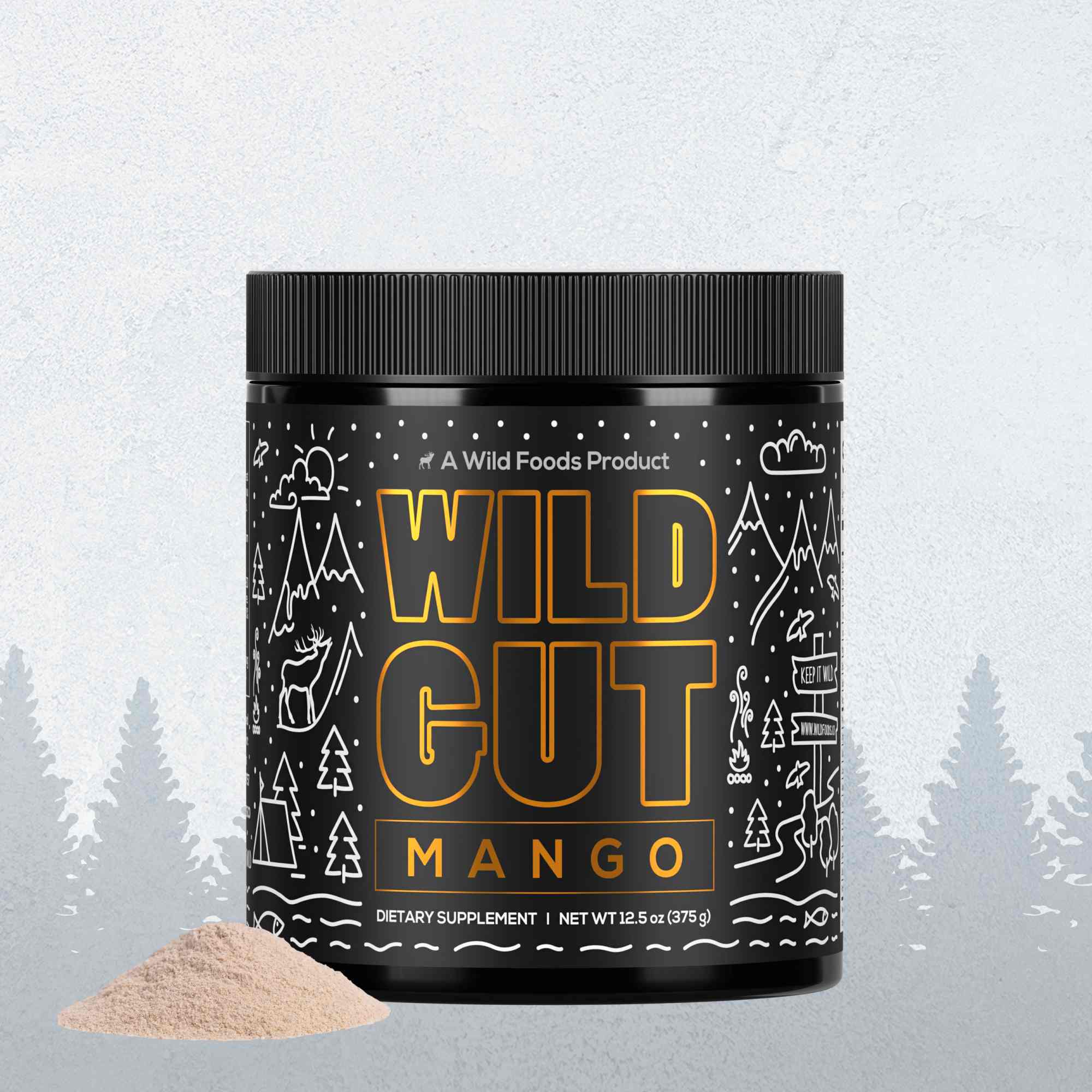 Shows a container of Wild Gut Mango dietary supplement powder with illustrations and a scoop of the powder alongside.
