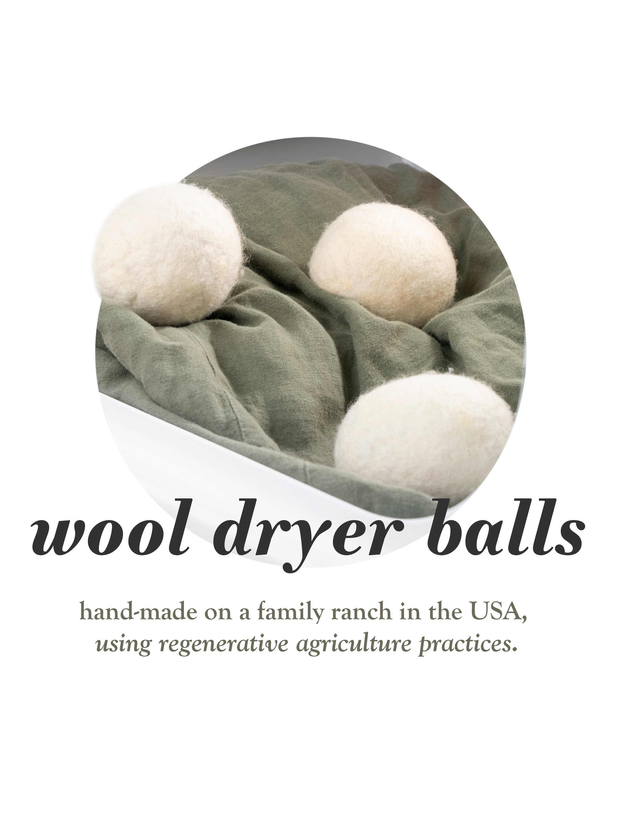 Three natural wool dryer balls sit on a wrinkled, olive-green cloth inside a white container.
