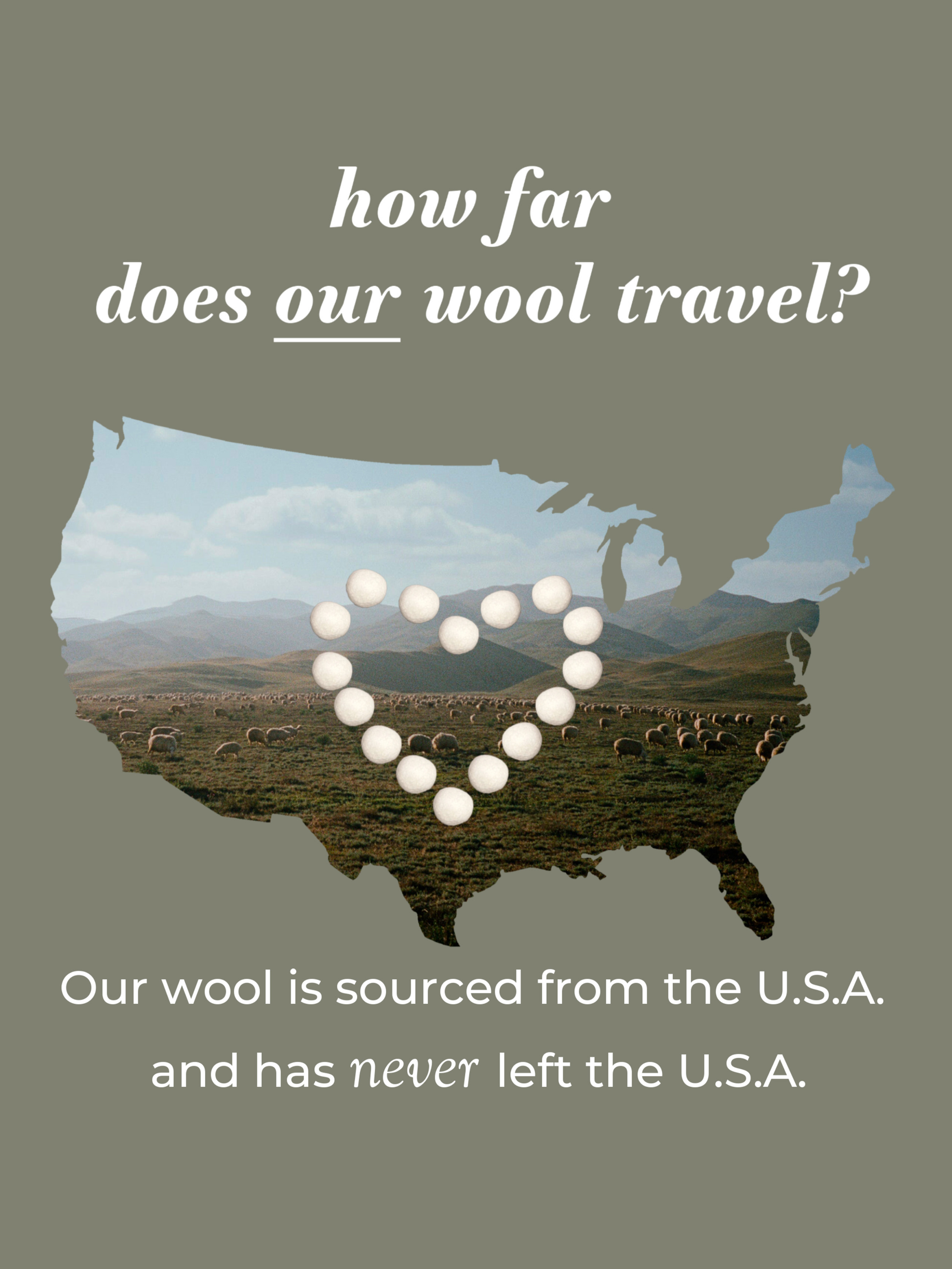 The U.S. map filled with a sheep pasture forms a heart with wool puffs, highlighting domestically sourced American wool.
