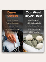 A hand places a chemical dryer sheet into a dryer drum, contrasted with wool dryer balls naturally softening laundry.