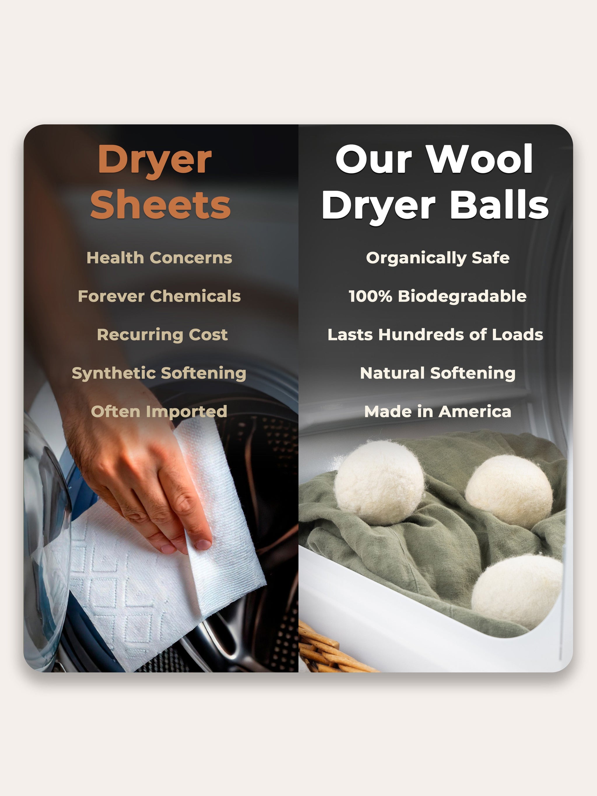 A hand places a chemical dryer sheet into a dryer drum, contrasted with wool dryer balls naturally softening laundry.