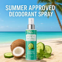 Breathe Naturals cucumber and green tea deodorant spray sits on a sunny beach with coconuts, advertising summer freshness.
