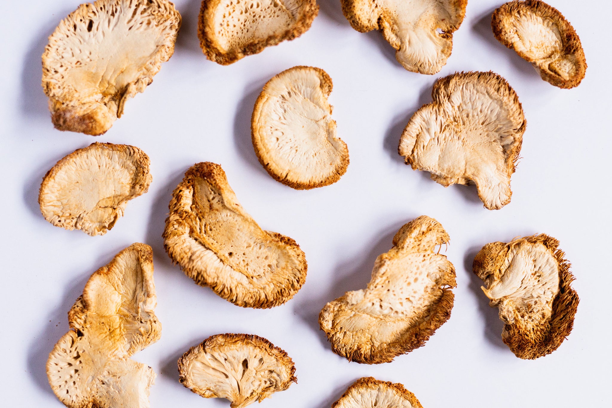 Arranged Lion's Mane mushroom slices display their unique texture on a white surface.
