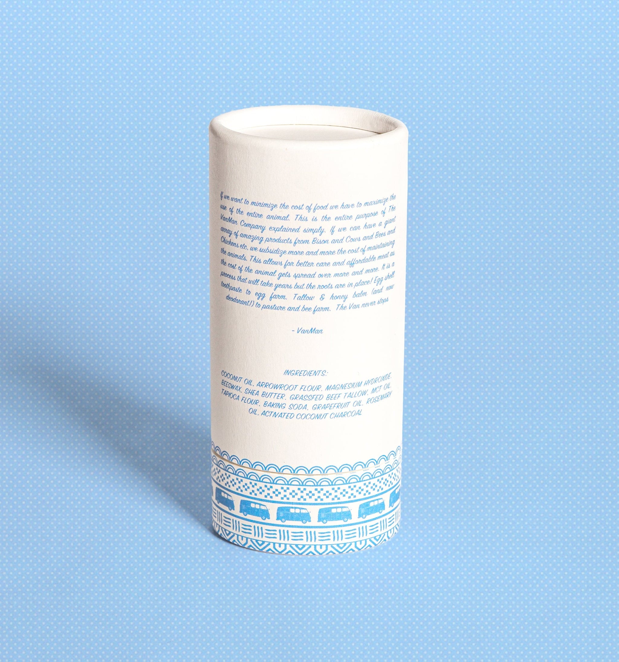 Displaying a VanMan Company natural deodorant in eco-friendly packaging, showing ingredients and philosophy.
