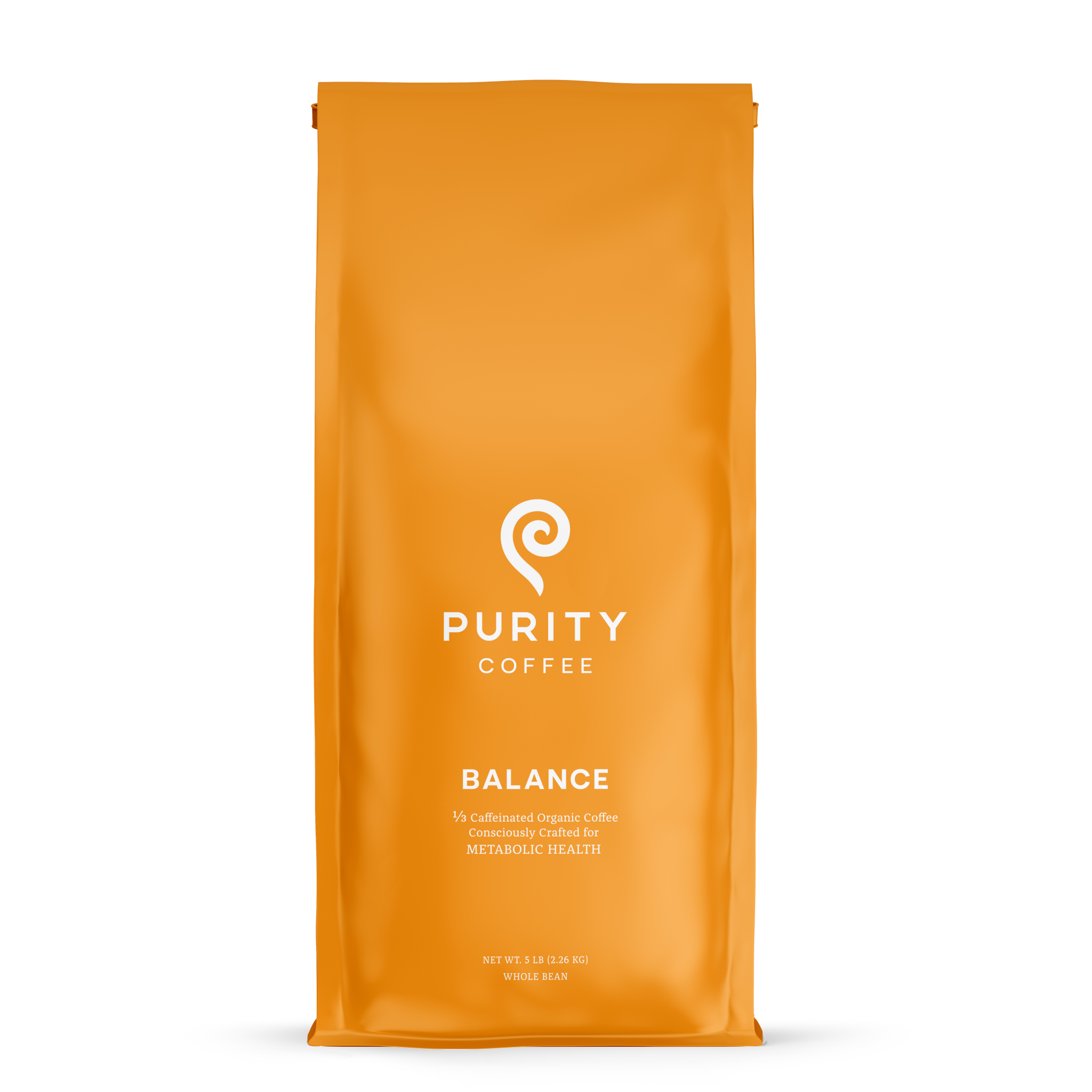 Purity Coffee advertises their "Balance" whole bean organic coffee blend in an orange bag.
