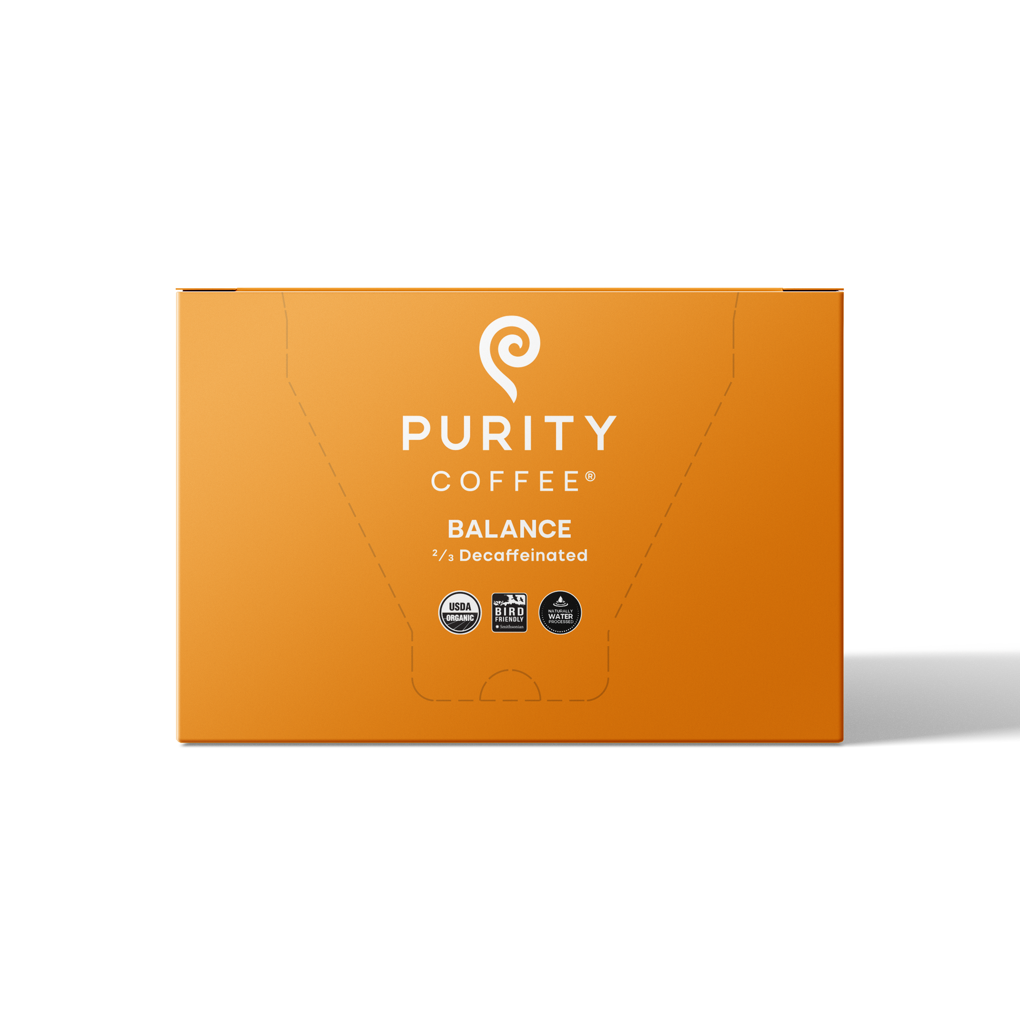 Purity Coffee's Balance blend presents its 2/3 decaffeinated USDA organic and bird-friendly naturally water processed coffee in a vibrant orange box.
