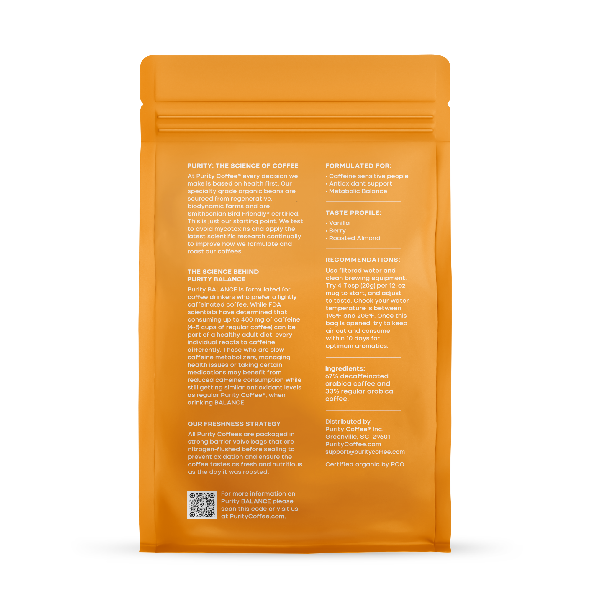 Purity Coffee promotes their organic, lightly caffeinated Purity Balance coffee in a nitrogen-flushed bag for freshness.
