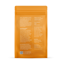 Purity Coffee's orange bag promotes organic, lightly caffeinated Balance blend featuring vanilla, berry, and roasted almond notes, formulated for caffeine-sensitive individuals.
