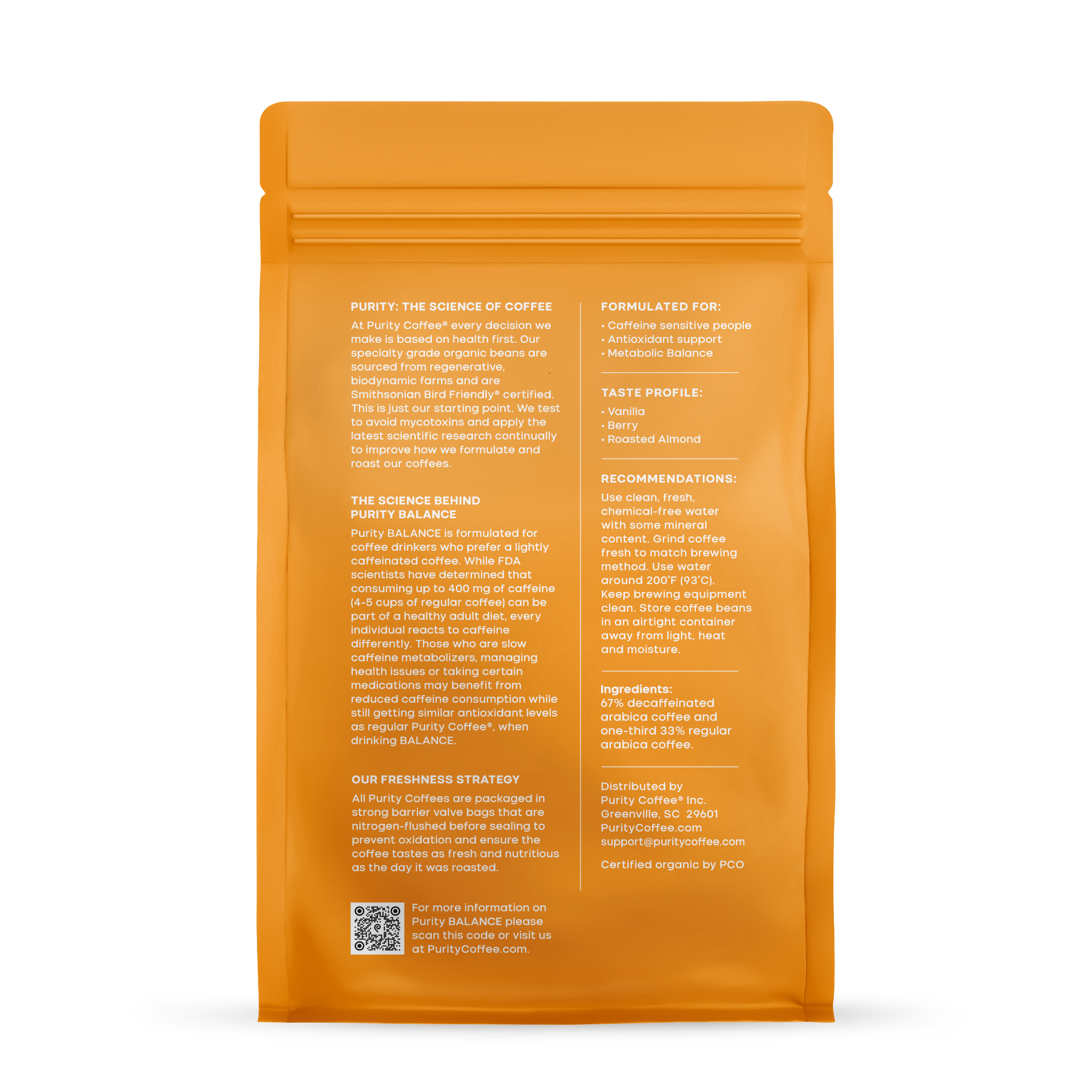 Purity Coffee's orange bag promotes organic, lightly caffeinated Balance blend featuring vanilla, berry, and roasted almond notes, formulated for caffeine-sensitive individuals.
