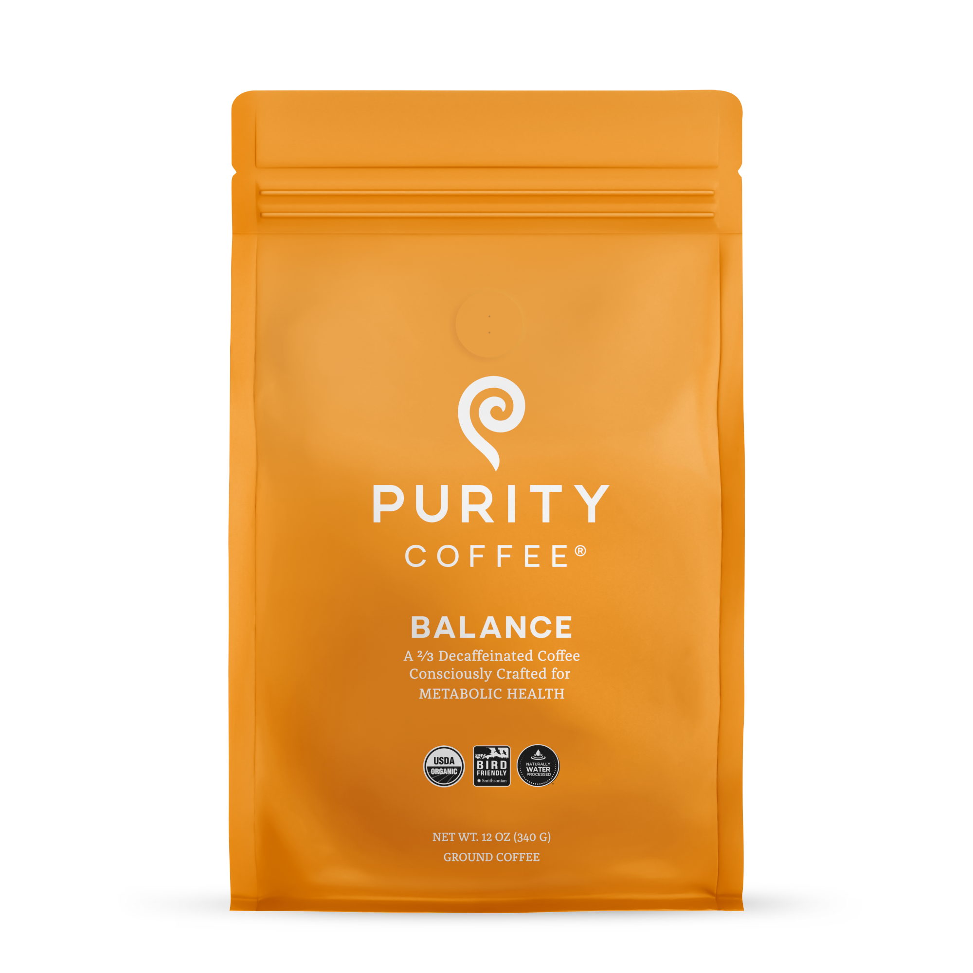 Purity Coffee bag showcases "Balance," a 2/3 decaffeinated, USDA Organic, Bird Friendly, and naturally water-processed ground coffee for metabolic health.
