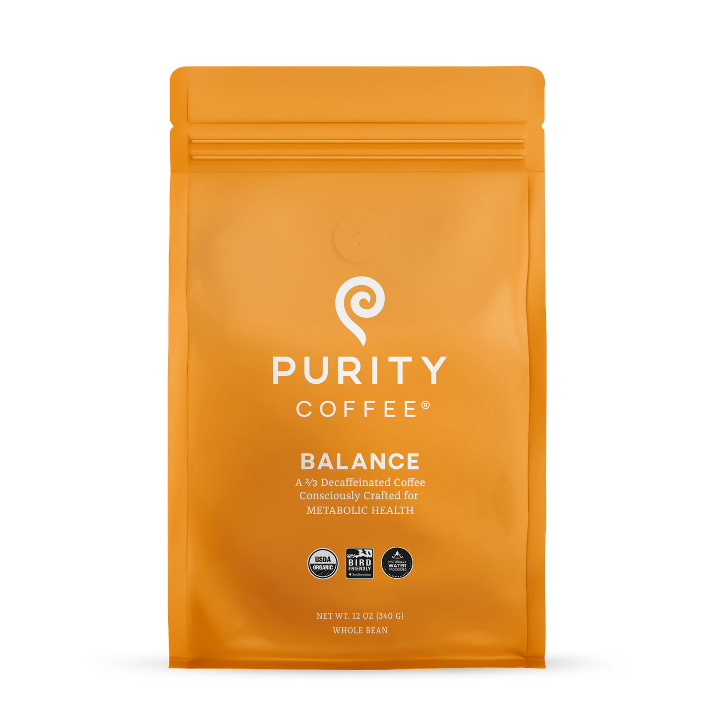 Purity Coffee displays its Balance blend of two-thirds decaffeinated, USDA Organic, Bird Friendly whole bean coffee in a bright orange bag.
