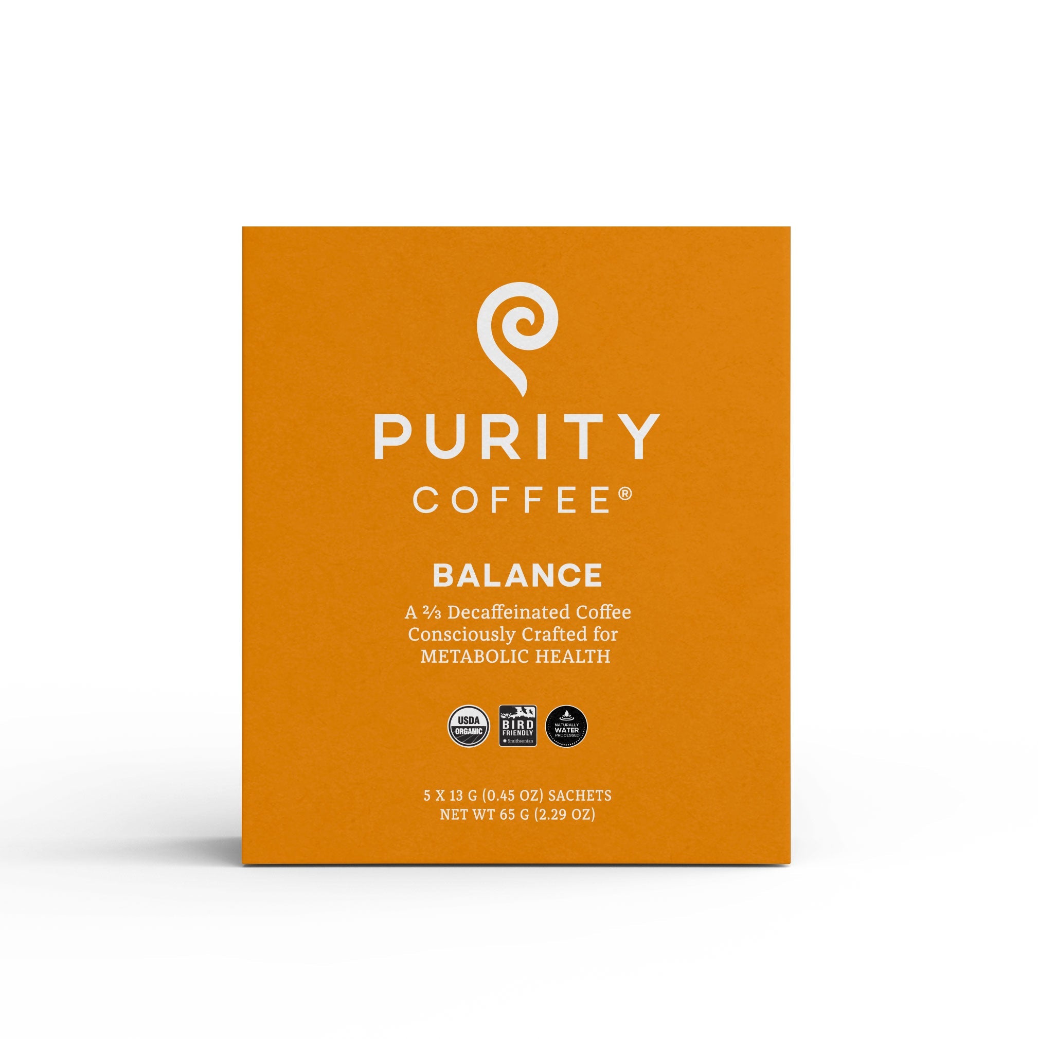Purity Coffee promotes its Balance blend, a consciously crafted, two-thirds decaffeinated, USDA organic, and bird-friendly coffee, packaged in individual sachets.