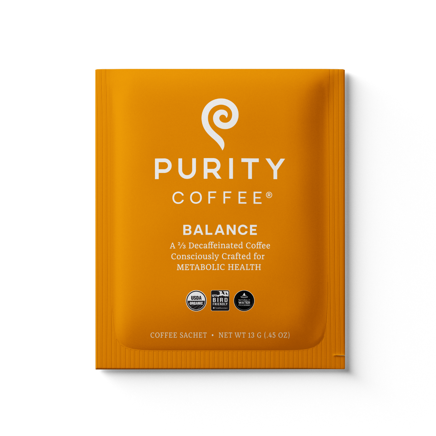 Purity Coffee advertises its Balance blend, a two-thirds decaffeinated coffee consciously crafted for metabolic health, in a single-serving sachet.
