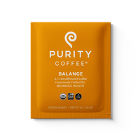 Purity Coffee advertises its Balance blend, a two-thirds decaffeinated coffee consciously crafted for metabolic health, in a single-serving sachet.
