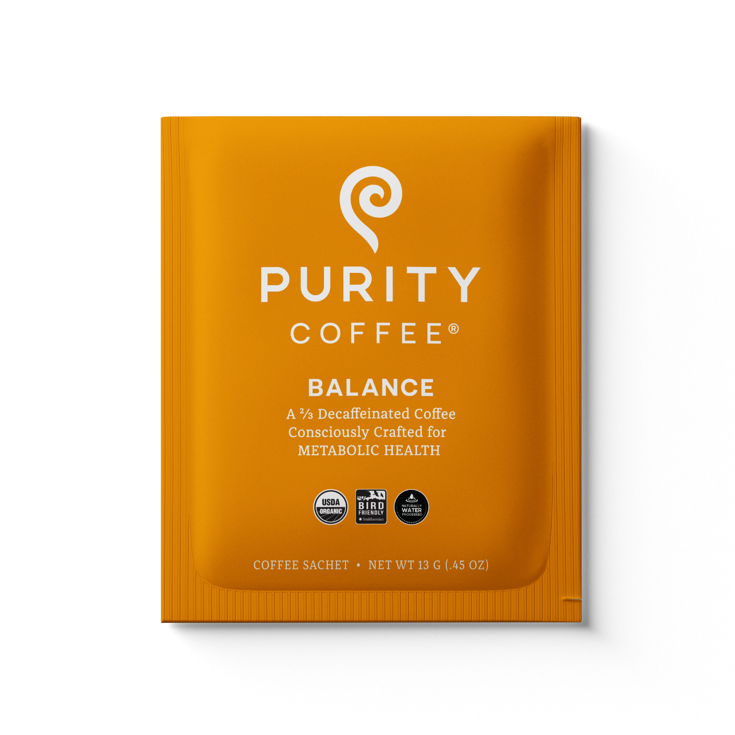 Purity Coffee advertises its Balance blend, a two-thirds decaffeinated coffee consciously crafted for metabolic health, in a single-serving sachet.
