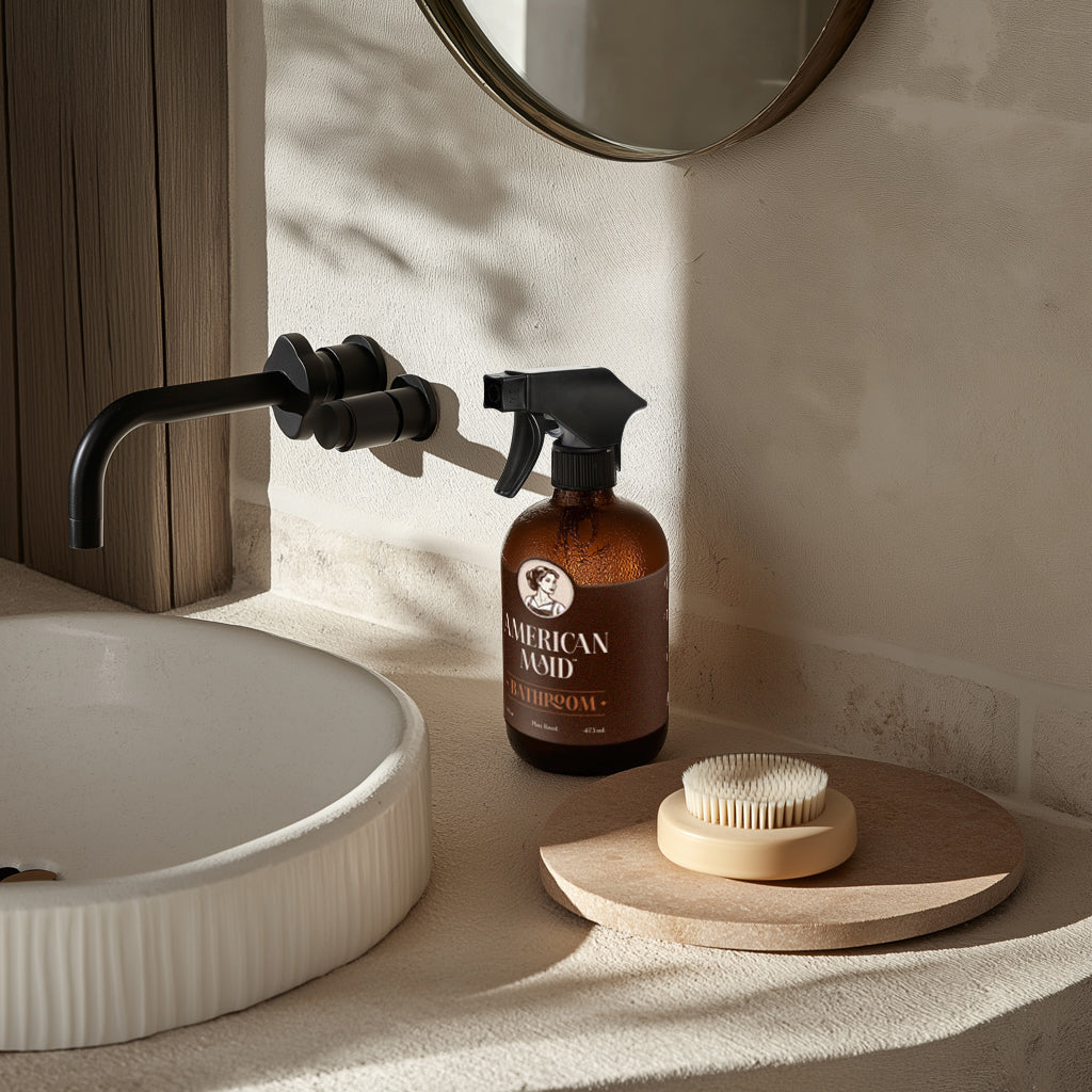 American Maid bathroom cleaner on bathroom counter