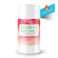 Breathe Naturals advertises their new Watermelon Shaved Ice deodorant scent on a product label.
