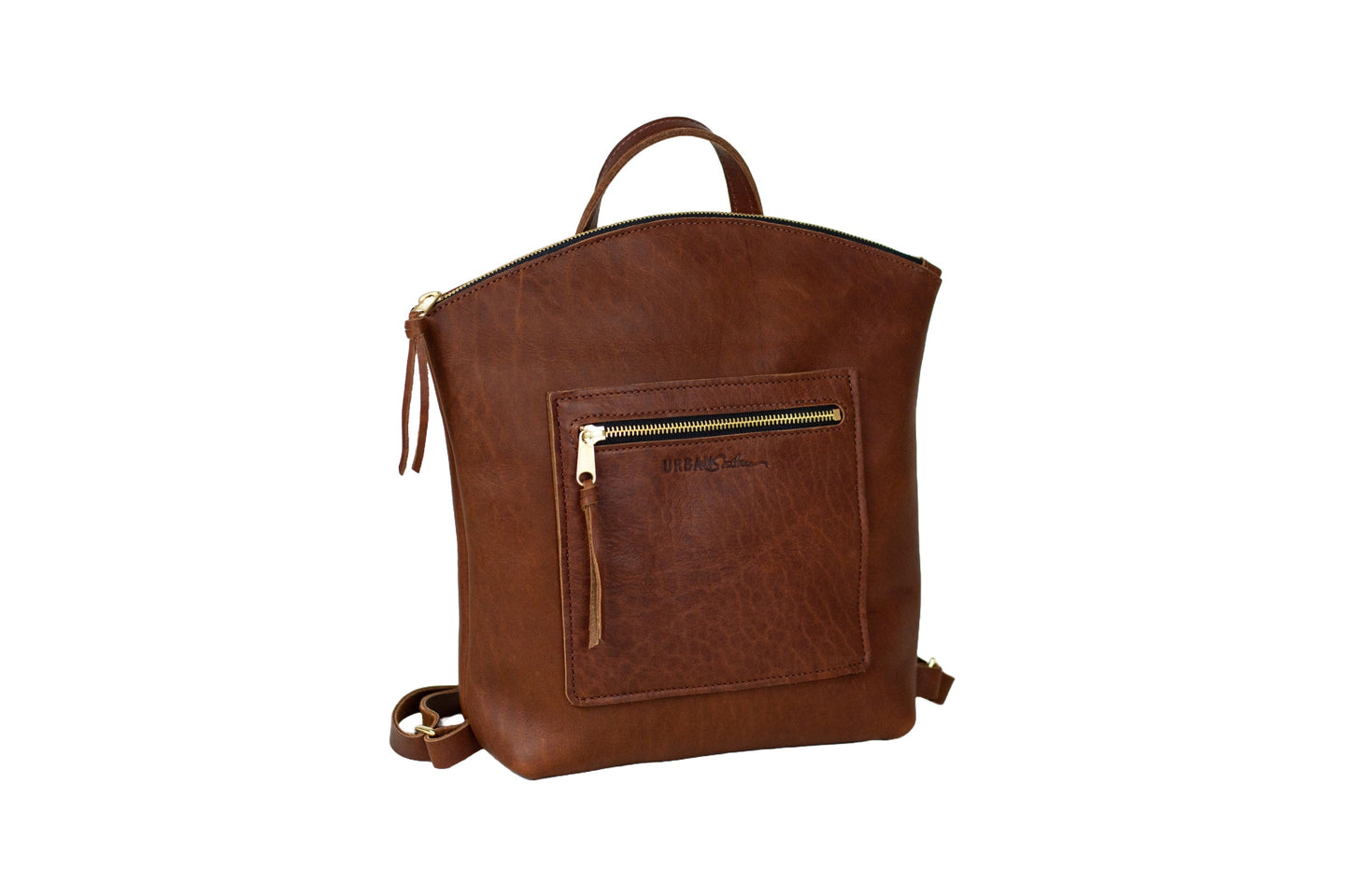 The brown leather Urban Southern backpack features a zippered front pocket and top handle.
