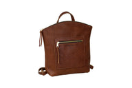The brown leather Urban Southern backpack features a zippered front pocket and top handle.
