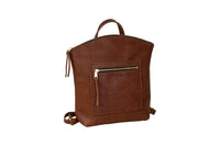 The brown leather Urban Southern backpack features a zippered front pocket and top handle.
