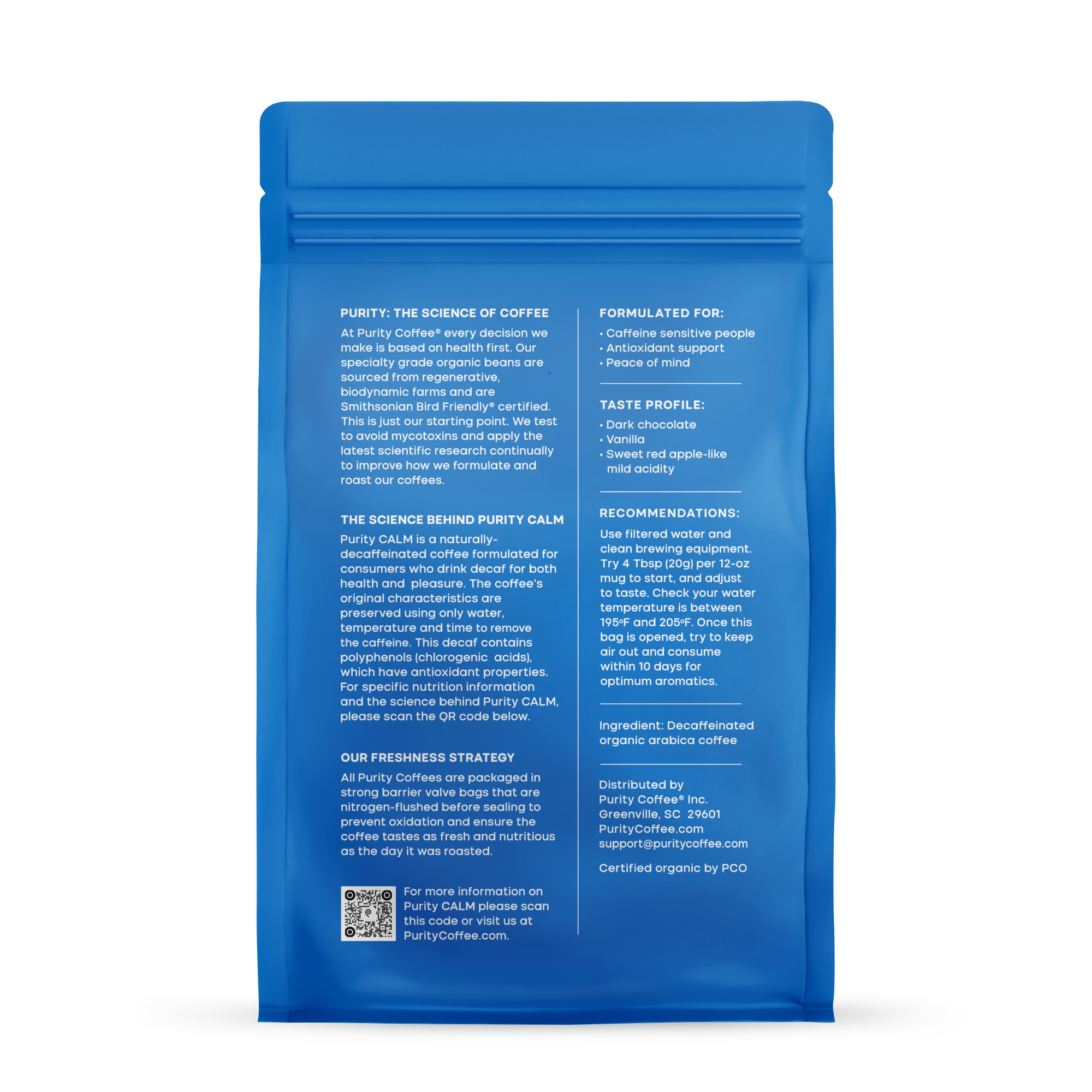 Examine Purity Coffee's blue bag detailing the science, taste profile, and freshness strategy of their Purity CALM organic decaf coffee.
