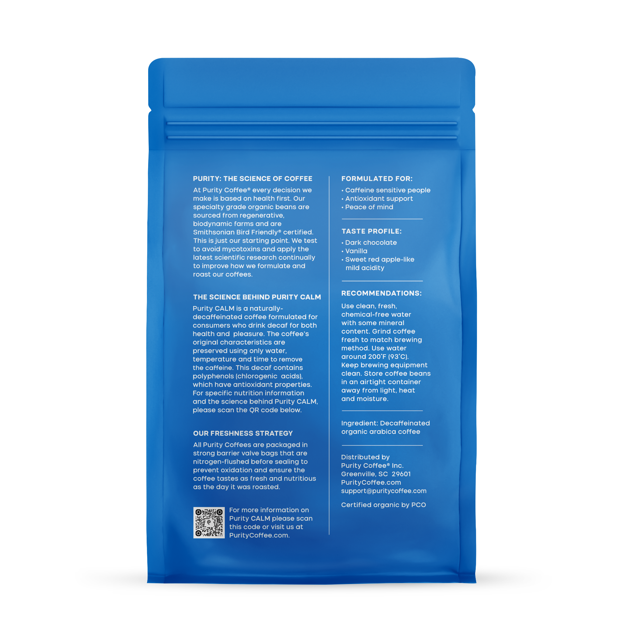 Purity Coffee promotes their Purity CALM naturally decaffeinated organic arabica coffee in a blue barrier bag, highlighting its health benefits and antioxidant properties.