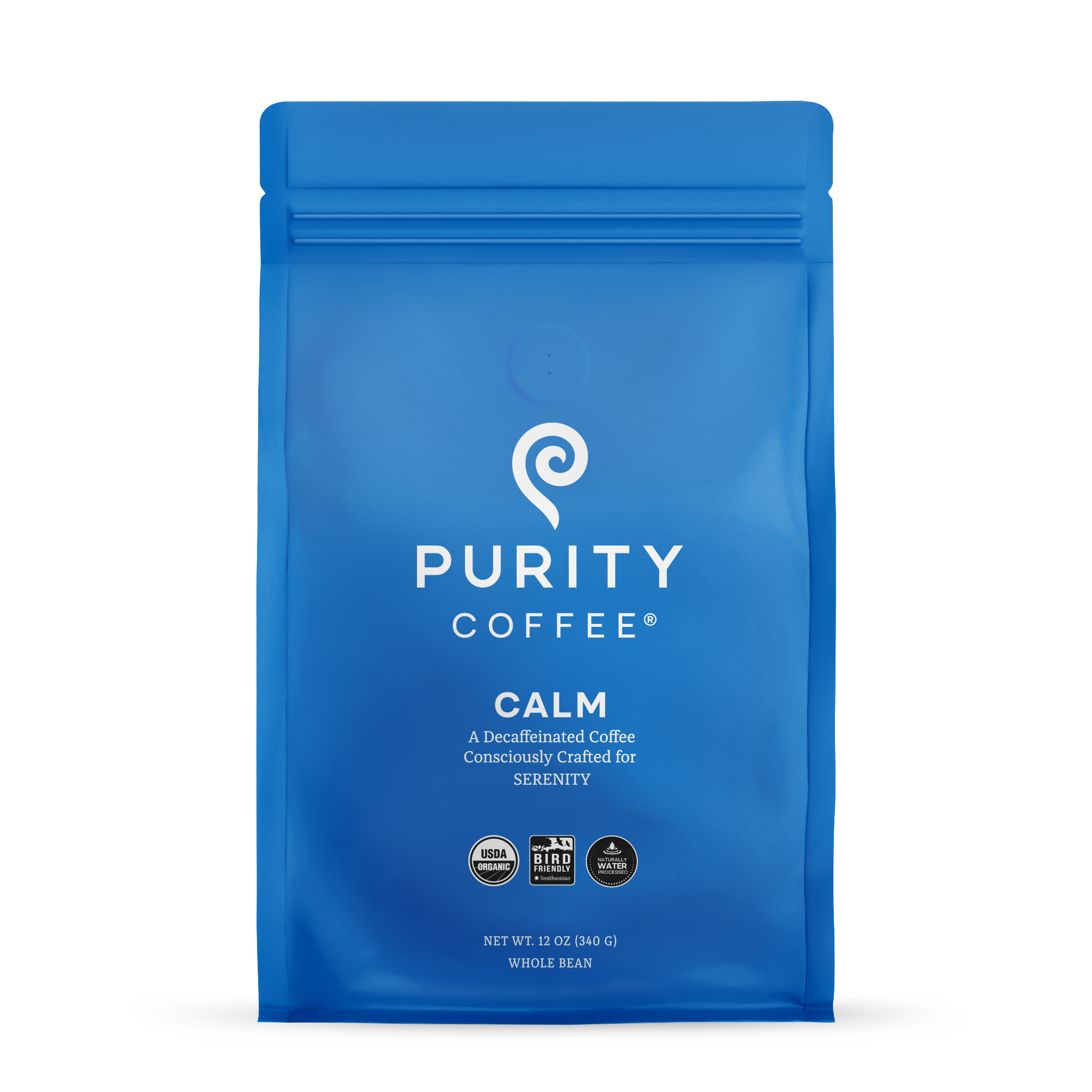 Purity Coffee's blue bag features Calm decaffeinated whole bean coffee, promising serenity with its USDA organic and bird-friendly blend.
