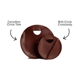 Two brown leather circle handbags, a Carrollton Tote and Britt Circle Crossbody, sit against a white backdrop.
