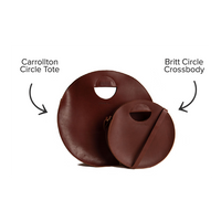 Two brown leather circle handbags, a Carrollton Tote and Britt Circle Crossbody, sit against a white backdrop.
