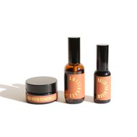 Showcases natural skincare products, including Goji Nectar Cleansing Balm, Sweetgrass, and Green Tea Serum.