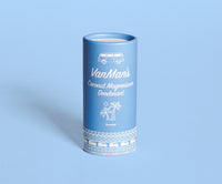 Displaying VanMan's Coconut Magnesium Deodorant in a blue, recyclable tube with vintage van illustrations.
