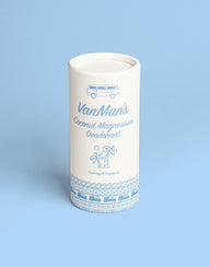 VanMan's Coconut Magnesium Deodorant, featuring a vintage bus and palm trees, promises a rosemary grapefruit scent.
