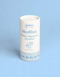 VanMan's Coconut Magnesium Deodorant, featuring a vintage bus and palm trees, promises a rosemary grapefruit scent.
