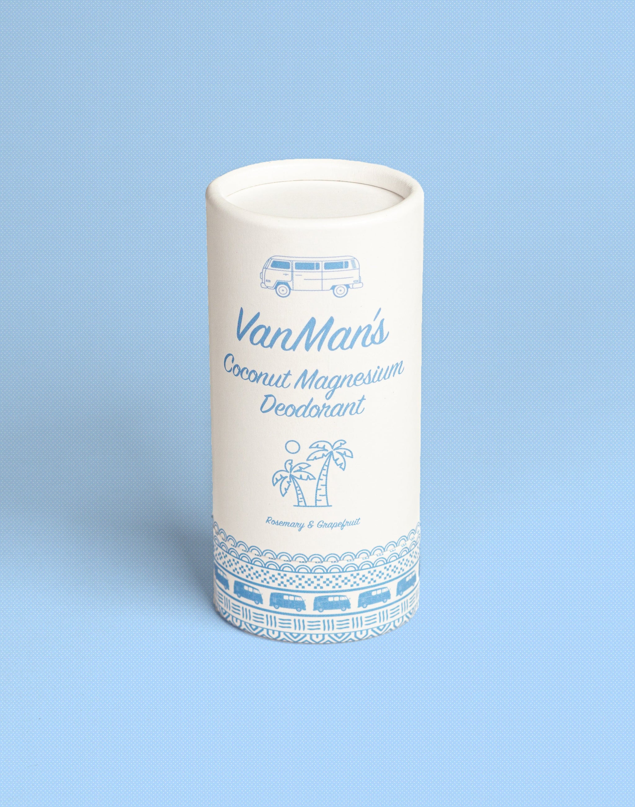 VanMan's Coconut Magnesium Deodorant, featuring a vintage bus and palm trees, promises a rosemary grapefruit scent.
