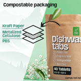 Green Llama dishwasher tabs come in plastic-free, compostable packaging made of kraft paper, metalized cellulose, and PBS.
