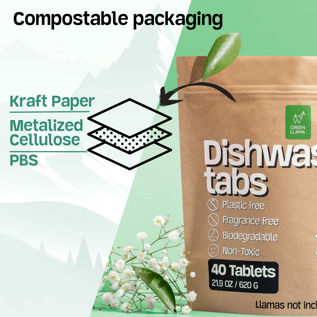 Green Llama dishwasher tabs come in plastic-free, compostable packaging made of kraft paper, metalized cellulose, and PBS.
