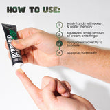Person demonstrates how to use Rhoid Rx cream, squeezing a small amount onto their finger for application.
