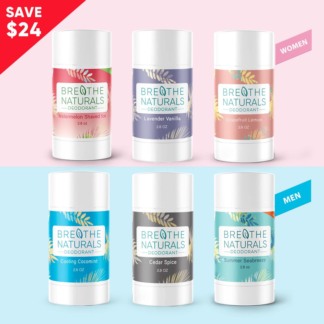 Breathe Naturals deodorants showcase six scents, including Watermelon Shaved Ice and Cedar Spice, available for men and women and on sale for $24 off.

