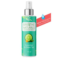 Breathe Naturals advertises their new baking soda-free cucumber and green tea deodorant spray.
