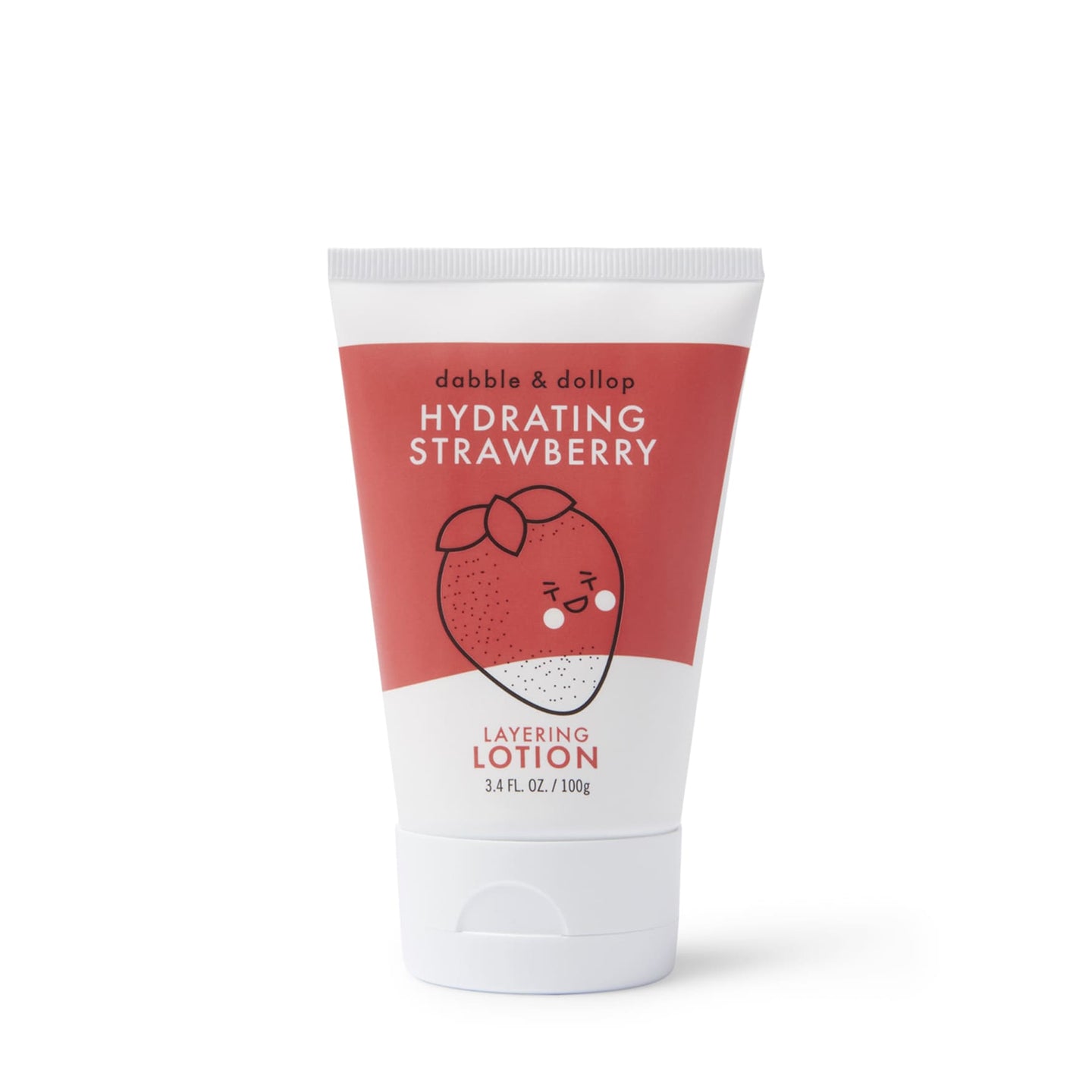 Dabble & Dollop hydrating strawberry layering lotion features a cute strawberry character on its packaging.
