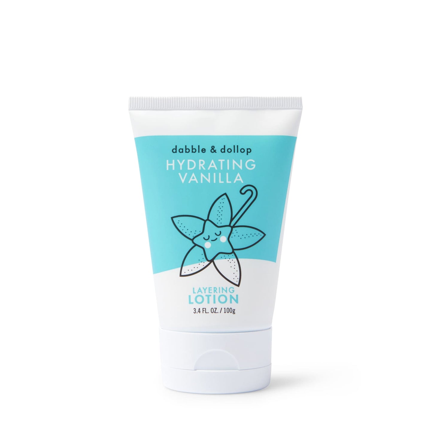 Dabble & Dollop's Hydrating Vanilla layering lotion features a cute flower illustration.
