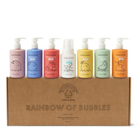 Dabble & Dollop presents a rainbow of seven colorful, fruit-scented 3-in-1 bath products for kids, including coconut, blueberry, and strawberry gel.
